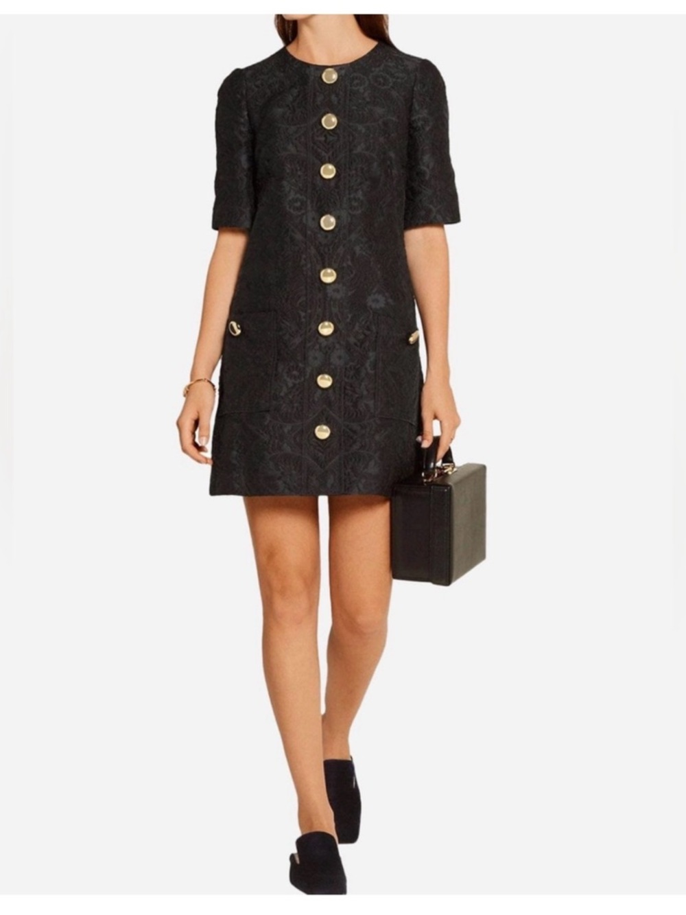 Dolce & Gabbana Black Mini Dress with Gold Button Trim